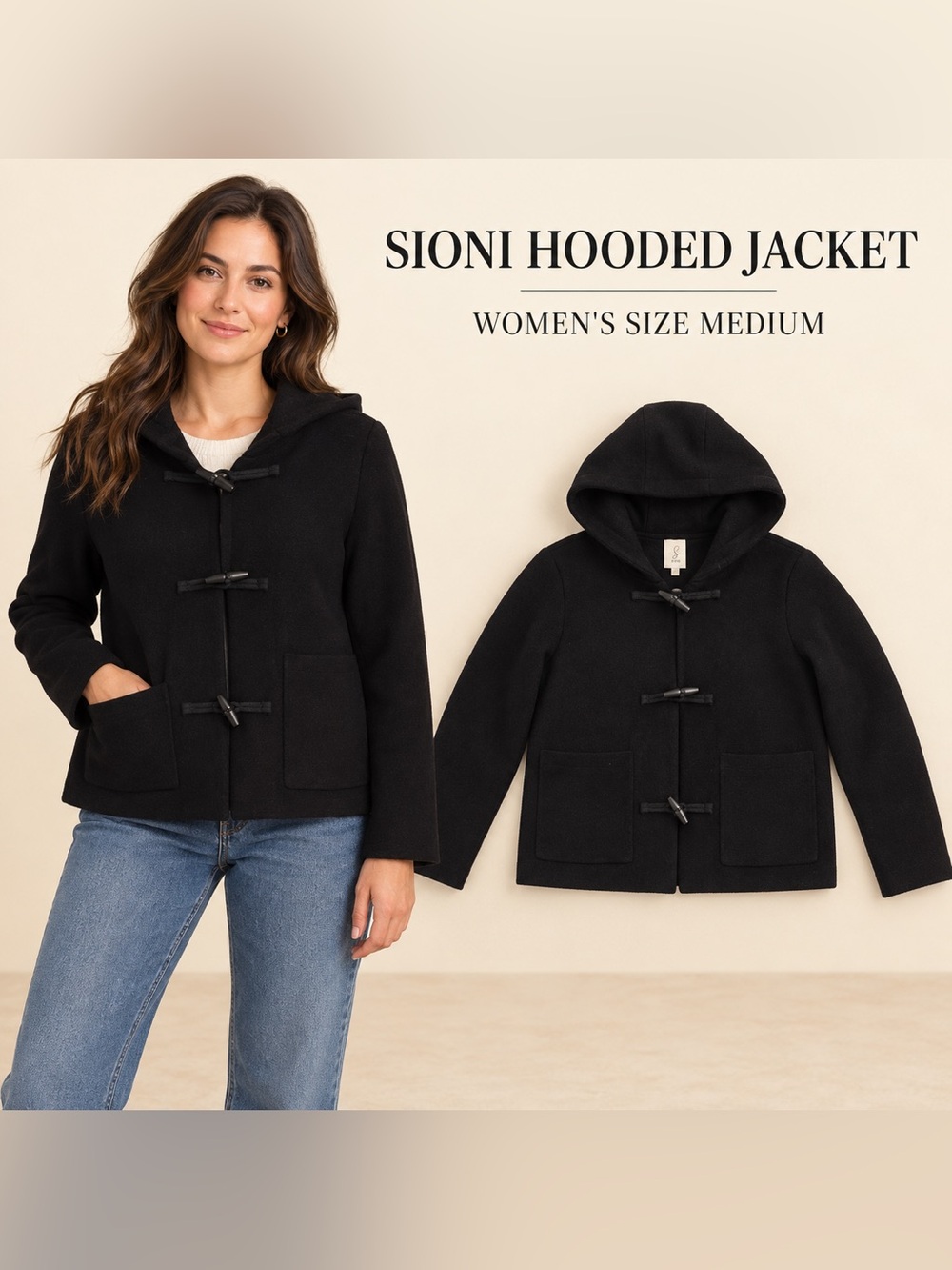 Sioni Black Hooded Toggle Jacket Women’s Size Medium